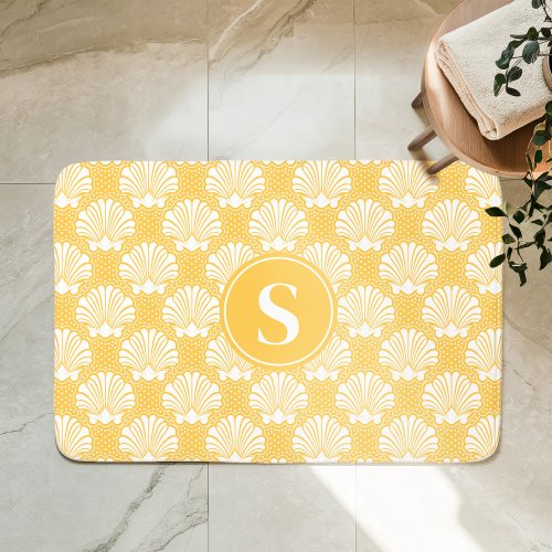 Yellow And White Seashell Coastal Monogram Bath Mat