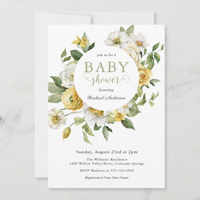 Yellow and White Spring Floral Baby Shower Invitation (Front)