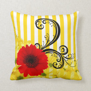 Yellow and White Stripe Floral Throw Pillow