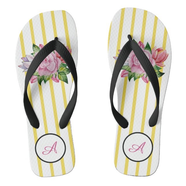 Yellow And White Stripe With Pink Roses Flip Flops (Footbed)