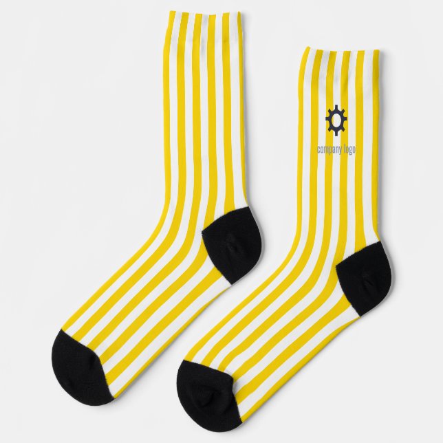 Yellow and white striped company logo promotional socks (Left)