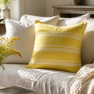 Yellow and White Striped Square Throw Pillow