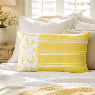Yellow and White Stripes and Botanic Lumbar Pillow