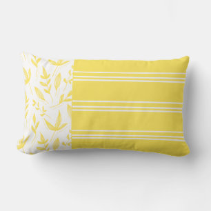 Yellow and White Stripes and Botanic Lumbar Pillow