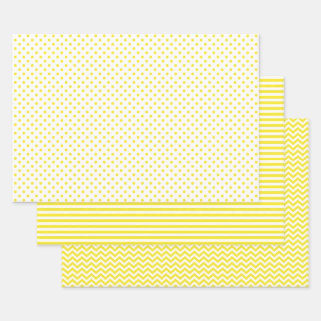 Yellow and White Stripes Chevron Polka Dots Wrapping Paper Sheets (Set)