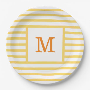 Yellow and White Stripes Custom Monogram Paper Plates