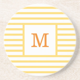 Yellow and White Stripes Custom Monogram Sandstone Coaster