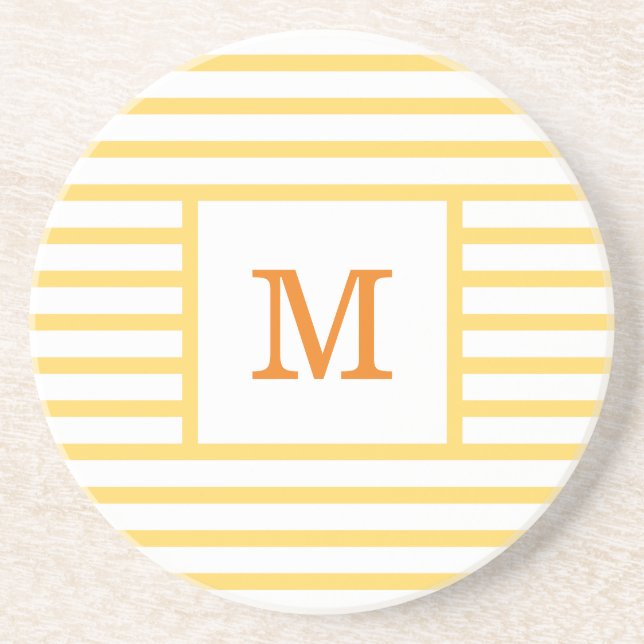 Yellow and White Stripes Custom Monogram Sandstone Coaster (Front)
