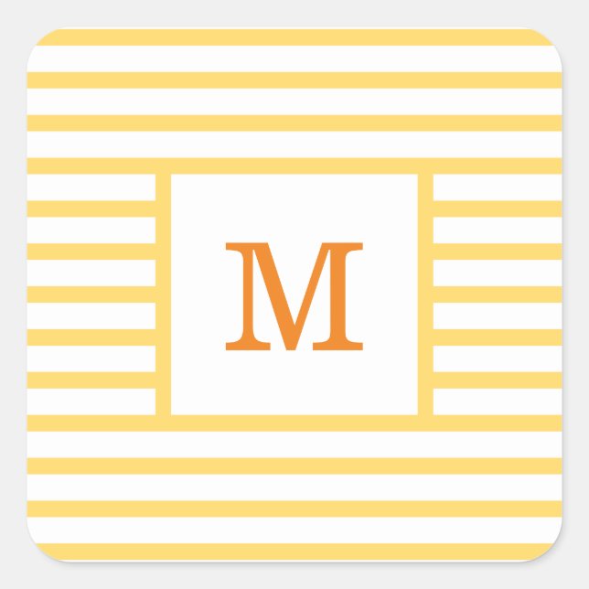 Yellow and White Stripes Custom Monogram Square Sticker (Front)