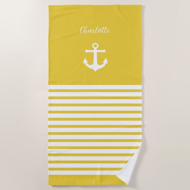Yellow and White Stripes Nautical  Personalized Beach Towel (Front)