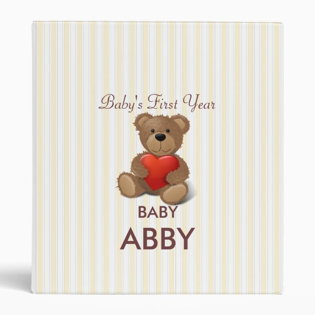 Yellow and White Stripes Pattern With Teddy Bear 3 Ring Binder (Front)