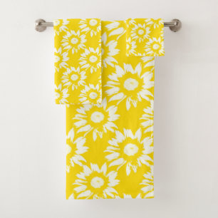 Yellow and White Sunflower Pattern Bath Towel Set