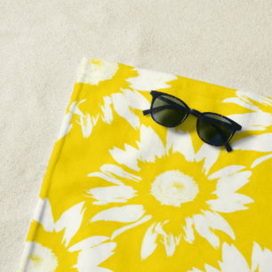 Yellow and White Sunflower Pattern Beach Towel