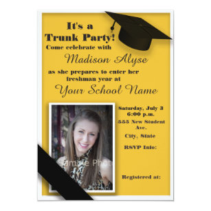 College Trunk Party Invitations Zazzle Yellow And White Trunk College Party Photo Invitation