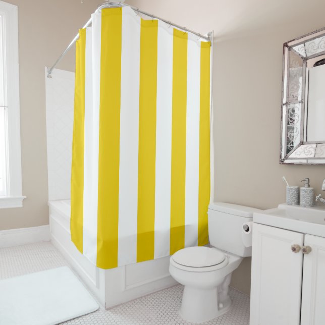 Yellow and White Vertical Stripes Shower Curtain (In Situ)