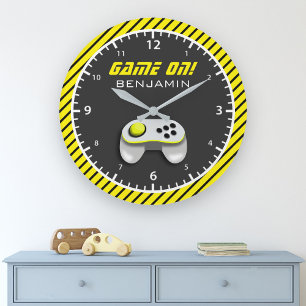 Yellow and White Video Game Controller Kids Room Large Clock