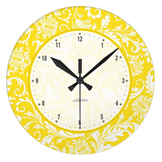 Yellow And White Vintage Floral Damasks Large Clock