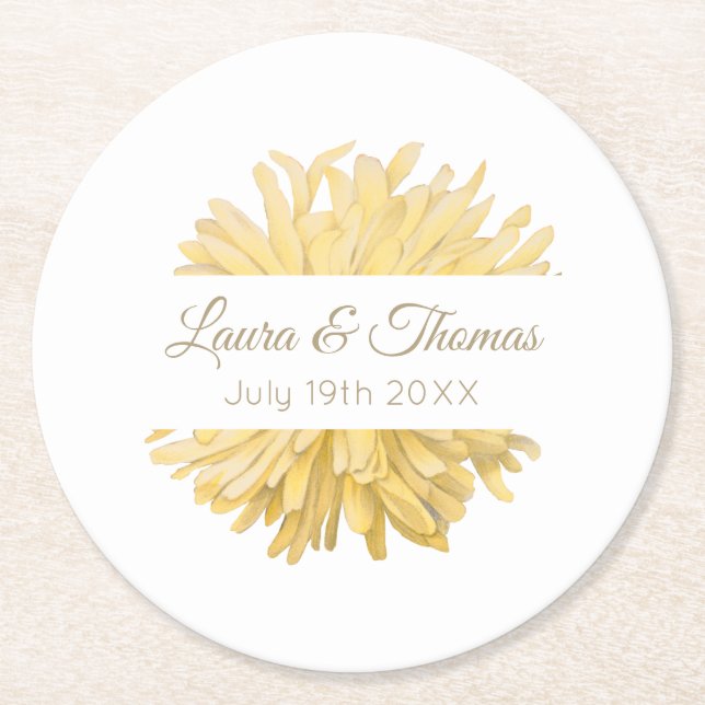 Yellow and White Wedding Round Paper Coaster (Front)