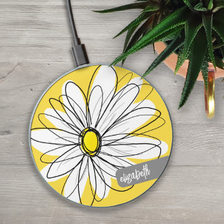 Yellow and White Whimsical Daisy - Custom Script Wireless Charger