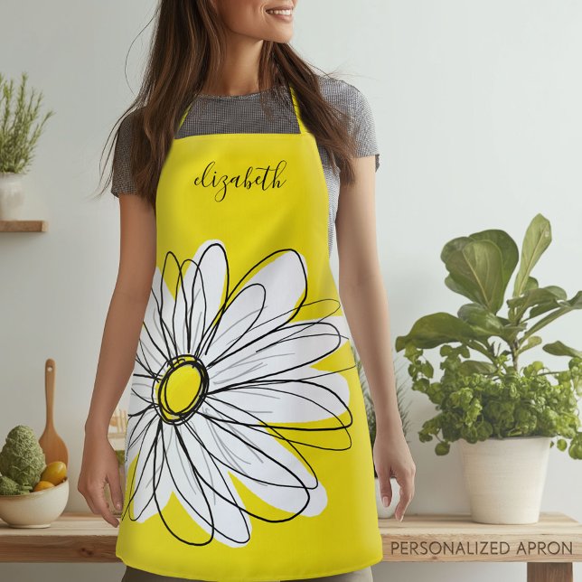 Yellow and White Whimsical Daisy with Custom Text Apron (Personalized Apron)