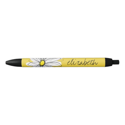Yellow and White Whimsical Daisy with Custom Text Black Ink Pen