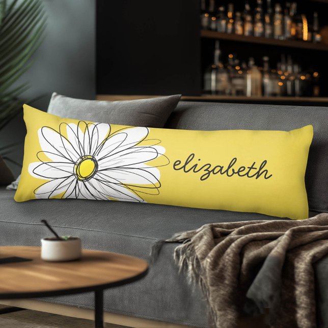 Yellow and White Whimsical Daisy with Custom Text Body Pillow (Custom Monogram Body Pillow)