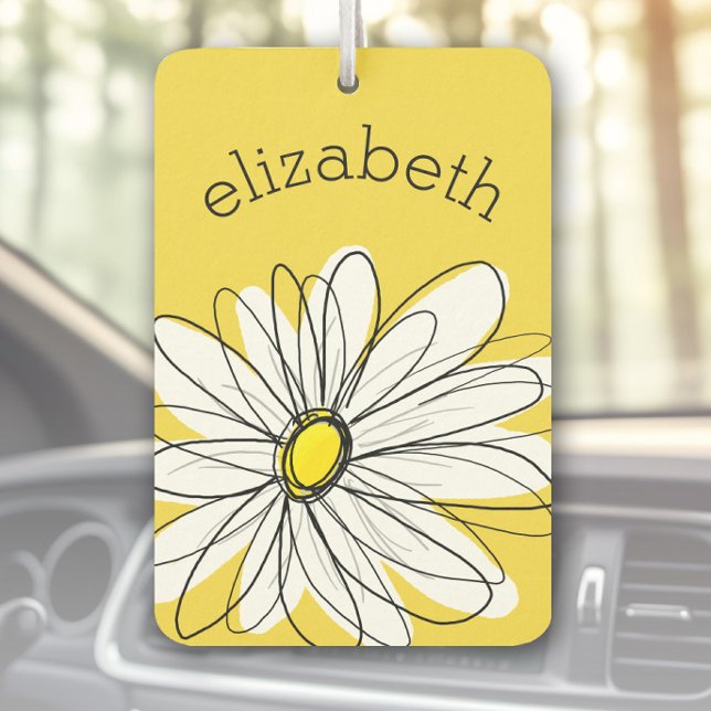 Yellow and White Whimsical Daisy with Custom Text Car Air Freshener (Personalized Car Air Freshener)