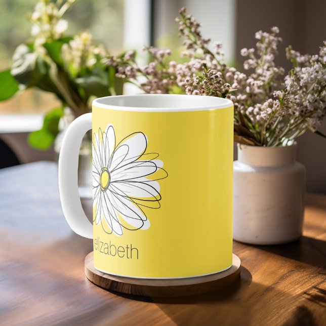 Yellow and White Whimsical Daisy with Custom Text Coffee Mug (Whimsical Daisy mug with personalized name - makes a great gift!)