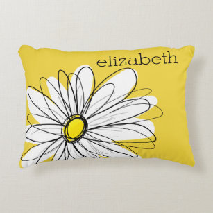 Yellow and White Whimsical Daisy with Custom Text Decorative Pillow