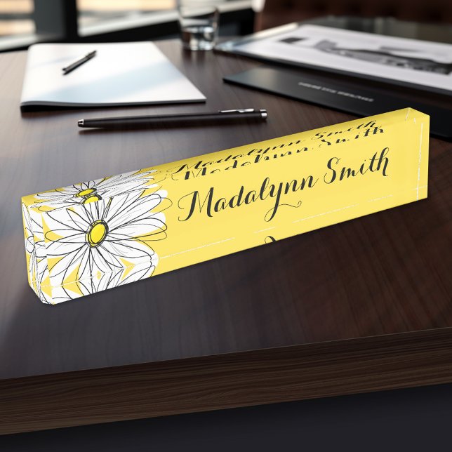 Yellow and White Whimsical Daisy with Custom Text Desk Name Plate (Personalized Name Plate for the Office, School or Home)