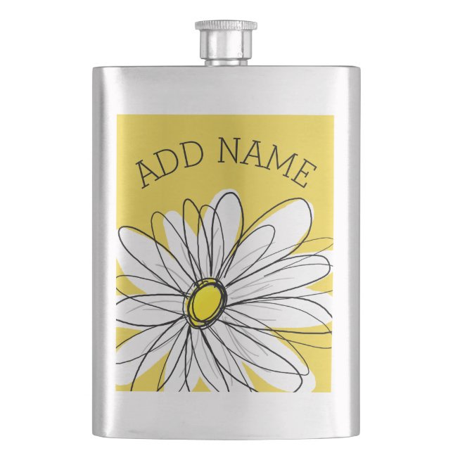 Yellow and White Whimsical Daisy with Custom Text Flask (Front)