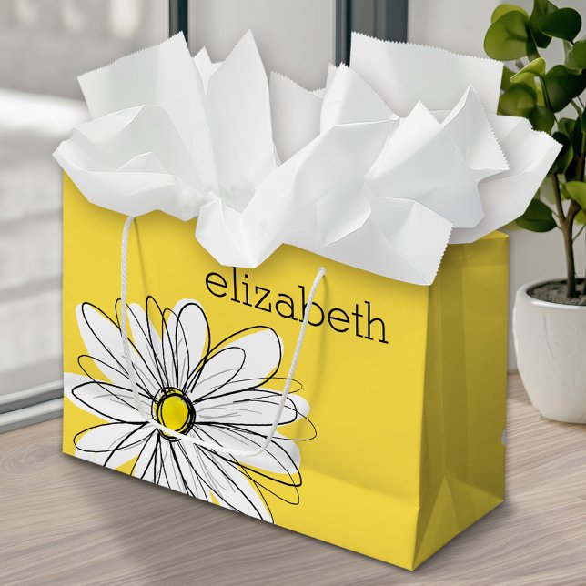 Yellow and White Whimsical Daisy with Custom Text Large Gift Bag (Custom Personalized Gift Bag)