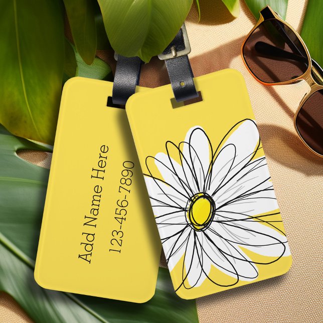 Yellow and White Whimsical Daisy with Custom Text Luggage Tag (Whimsical daisy personalized luggage tag)
