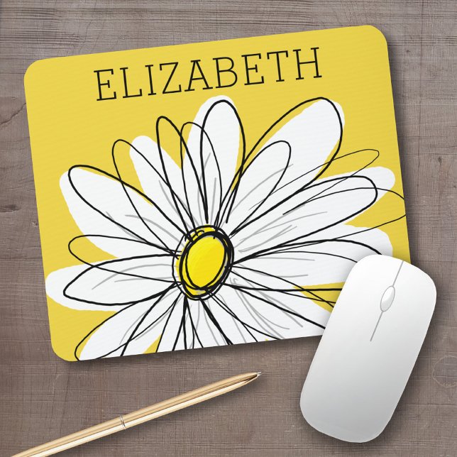 Yellow and White Whimsical Daisy with Custom Text Mouse Pad (Personalized mousepad - add your custom text)