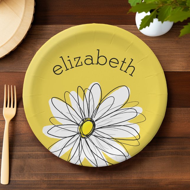 Yellow and White Whimsical Daisy with Custom Text Paper Plates (Personalized paper plate with a whimsical daisy)