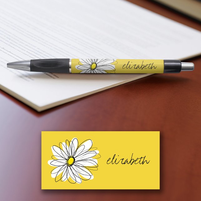 Yellow and White Whimsical Daisy with Custom Text Pen (Personalized writing pens - add your name or other text)
