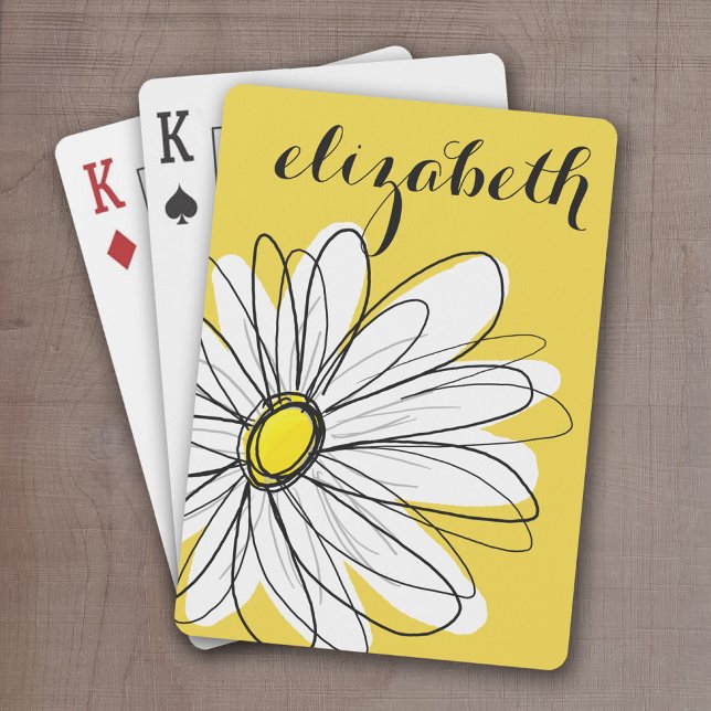 Yellow and White Whimsical Daisy with Custom Text Poker Cards (Whimsical Daisy Drawing with a place to add your name - personalized playing cards)