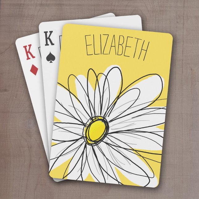 Yellow and White Whimsical Daisy with Custom Text Poker Cards (Whimsical Daisy Drawing with a place to add your name - personalized playing cards)