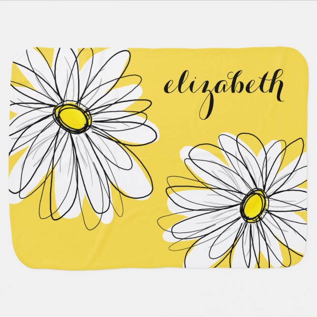 Yellow and White Whimsical Daisy with Custom Text Receiving Blanket (Horizontal)