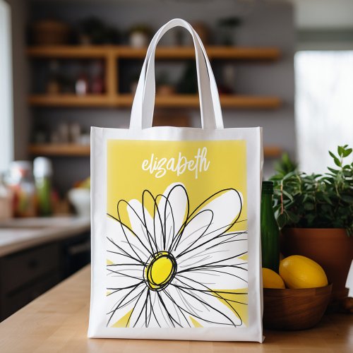 Yellow and White Whimsical Daisy with Custom Text Reusable Grocery Bag