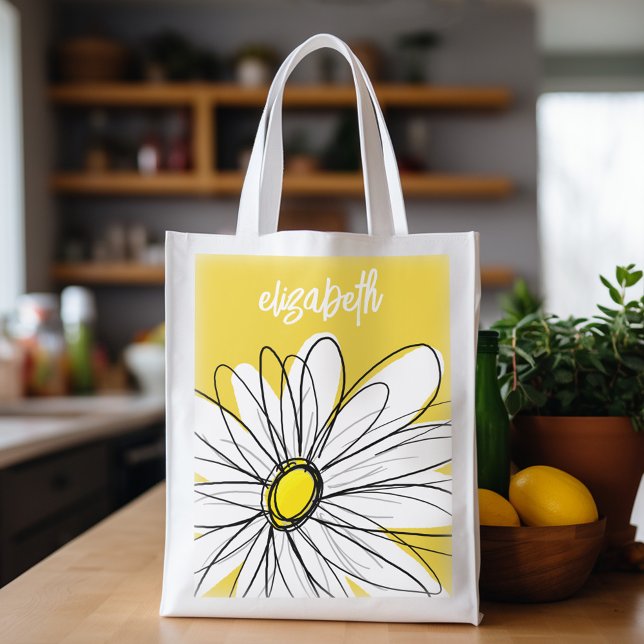 Yellow and White Whimsical Daisy with Custom Text Reusable Grocery Bag (personalized grocery tote bag with whimsical daisy and name)