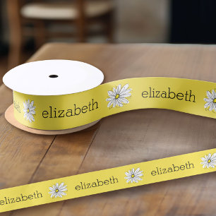 Yellow and White Whimsical Daisy with Custom Text Satin Ribbon