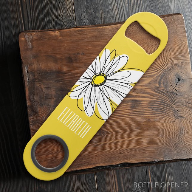 Yellow and White Whimsical Daisy with Custom Text Speed Bottle Opener (Custom Bar Key)