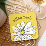 Yellow and White Whimsical Daisy with Custom Text Square Paper Coaster<br><div class="desc">A zen and whimsical,  hipster piece of art. You can add a name,  monogram or other custom text. If you need to move the art around,  click on the customize button to make changes.</div>