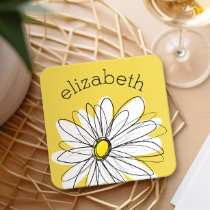 Yellow and White Whimsical Daisy with Custom Text Square Paper Coaster