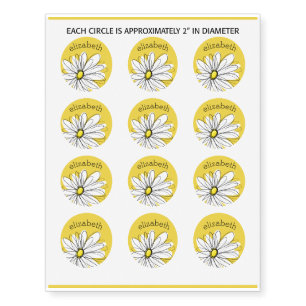 Yellow and White Whimsical Daisy with Custom Text Temporary Tattoos