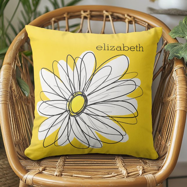 Yellow and White Whimsical Daisy with Custom Text Throw Pillow (Whimsical Daisy Pillow)