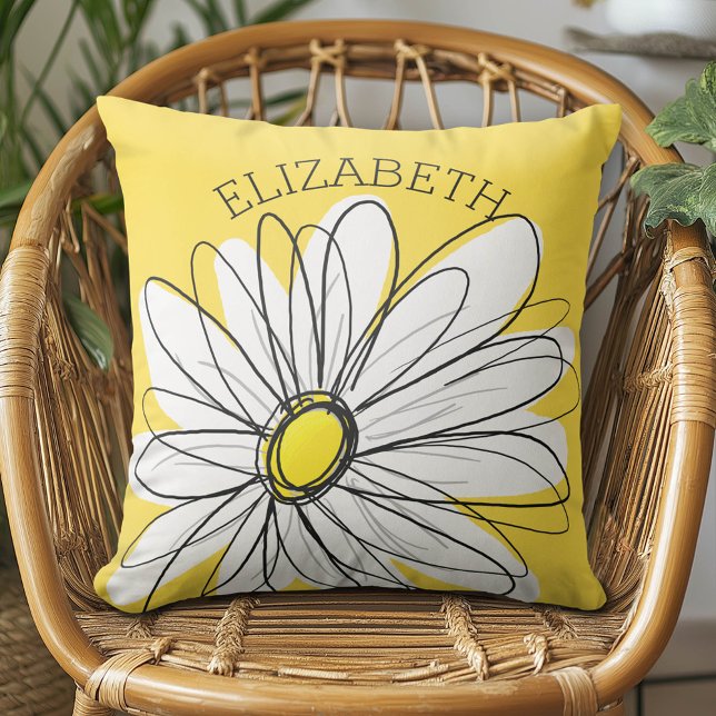 Yellow and White Whimsical Daisy with Custom Text Throw Pillow (Custom Monogram Pillow)