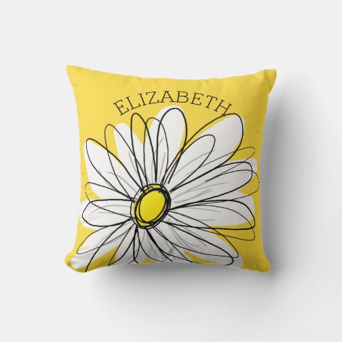 Yellow and White Whimsical Daisy with Custom Text Throw Pillow