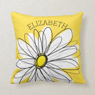 Yellow and White Whimsical Daisy with Custom Text Throw Pillow